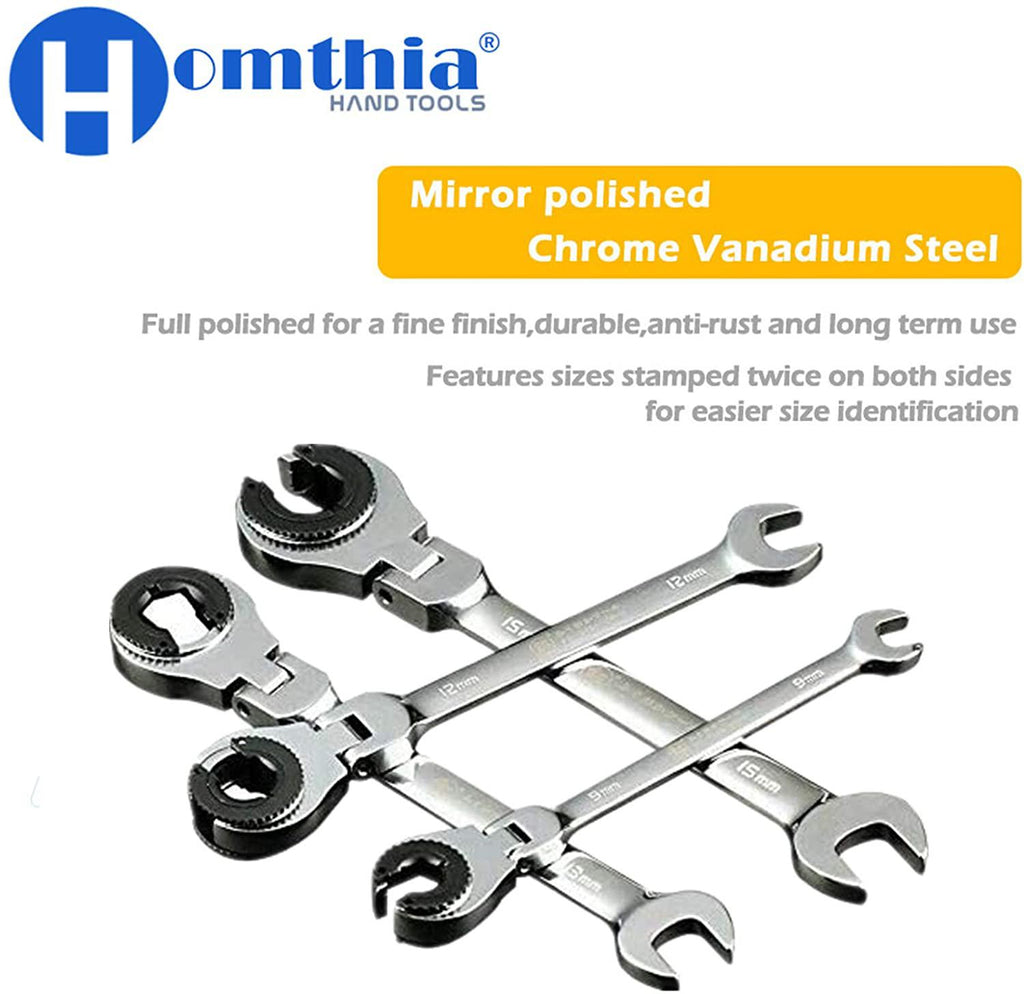 Ratcheting Line Wrench with Flex Head - Brake Line Wrench - Tubing Wrenches 8-19 mm Metric Open Movable Head for Car Maintain Wrench and Hand Repair Tools