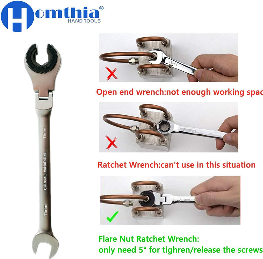 Ratcheting Line Wrench with Flex Head - Brake Line Wrench - Tubing Wrenches 8-19 mm Metric Open Movable Head for Car Maintain Wrench and Hand Repair Tools
