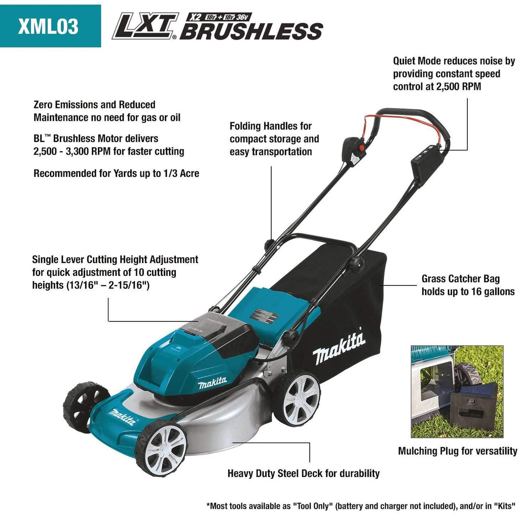 Makita XML03CM1 36V (18V X2) LXT® Brushless 18" Lawn Mower Kit with 4 Batteries