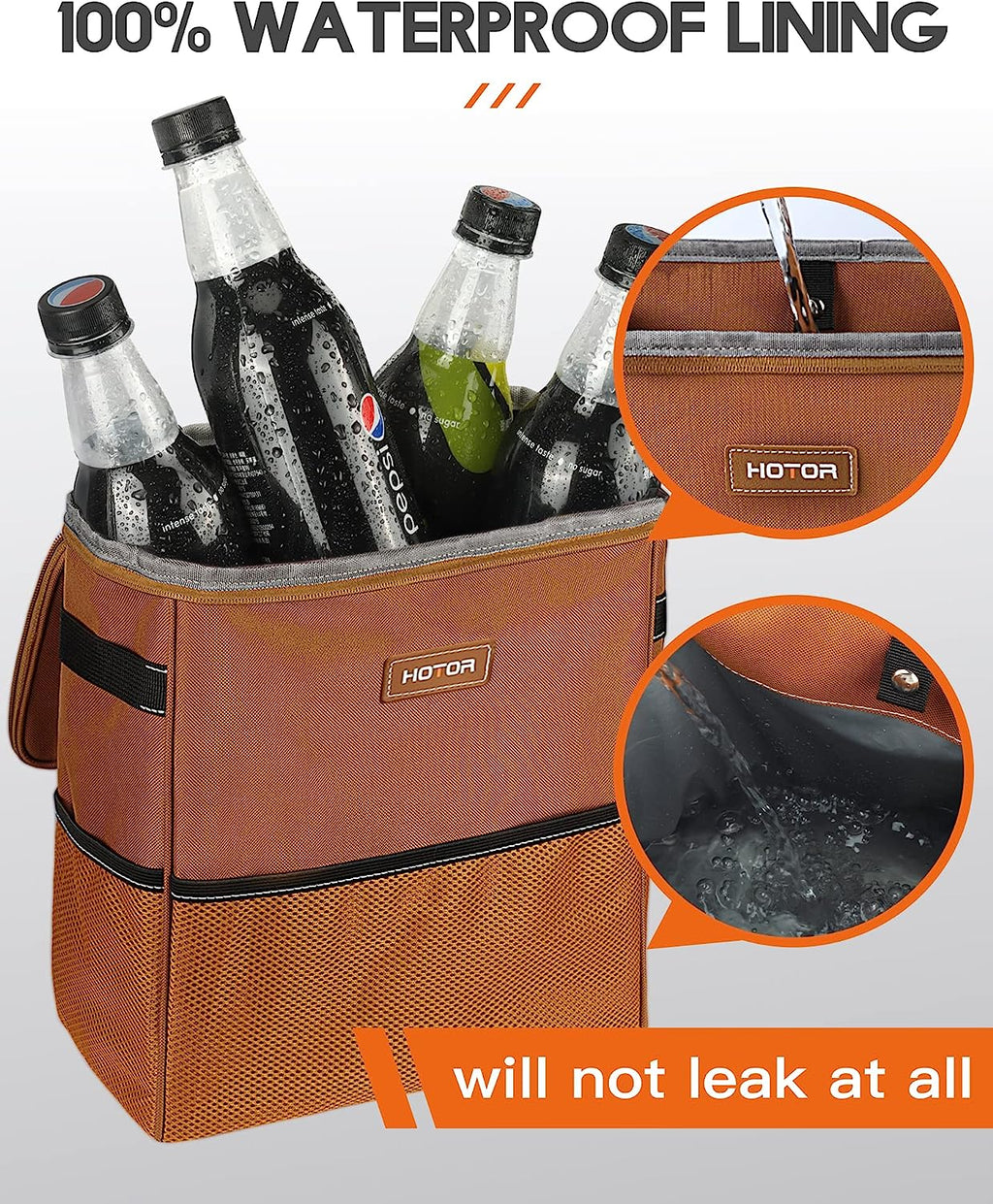 HOTOR Car Trash Can, 3-Gallon Ultra-Large Car Garbage Can, 100% Leakproof &amp; Waterproof Trash Can for Car, Multipurpose Car Trash Bin with Adjustable Straps, Magnetic Buckles, Mesh Pockets (Brown)