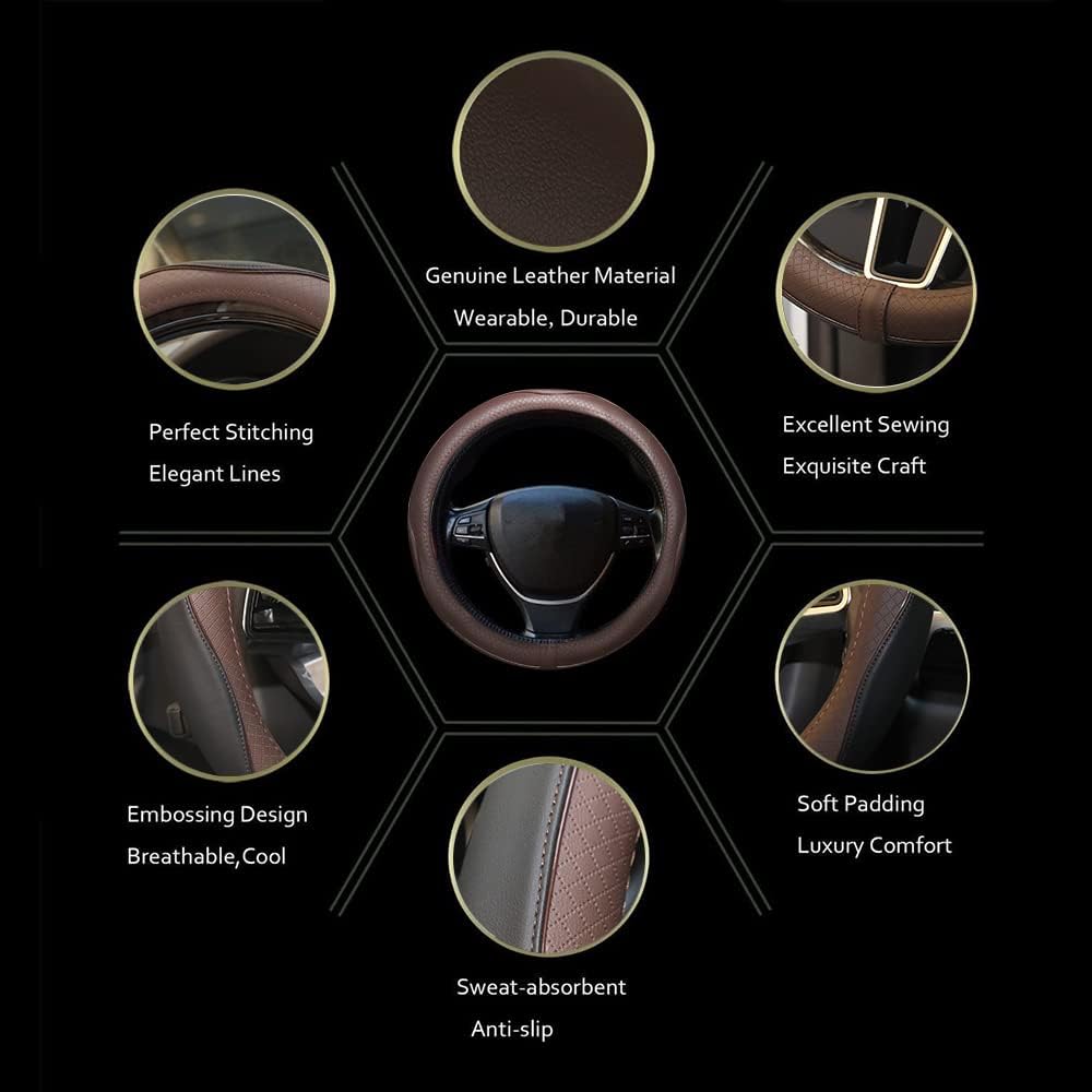 Gomass Car Steering Wheel Cover, Anti-Slip, Safety, Soft, Breathable, Heavy Duty, Thick, Full Surround, Sports Style (Black Brown)