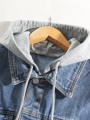 mens cotton button front outdoor stylish detachable hooded denim jacket with pocket