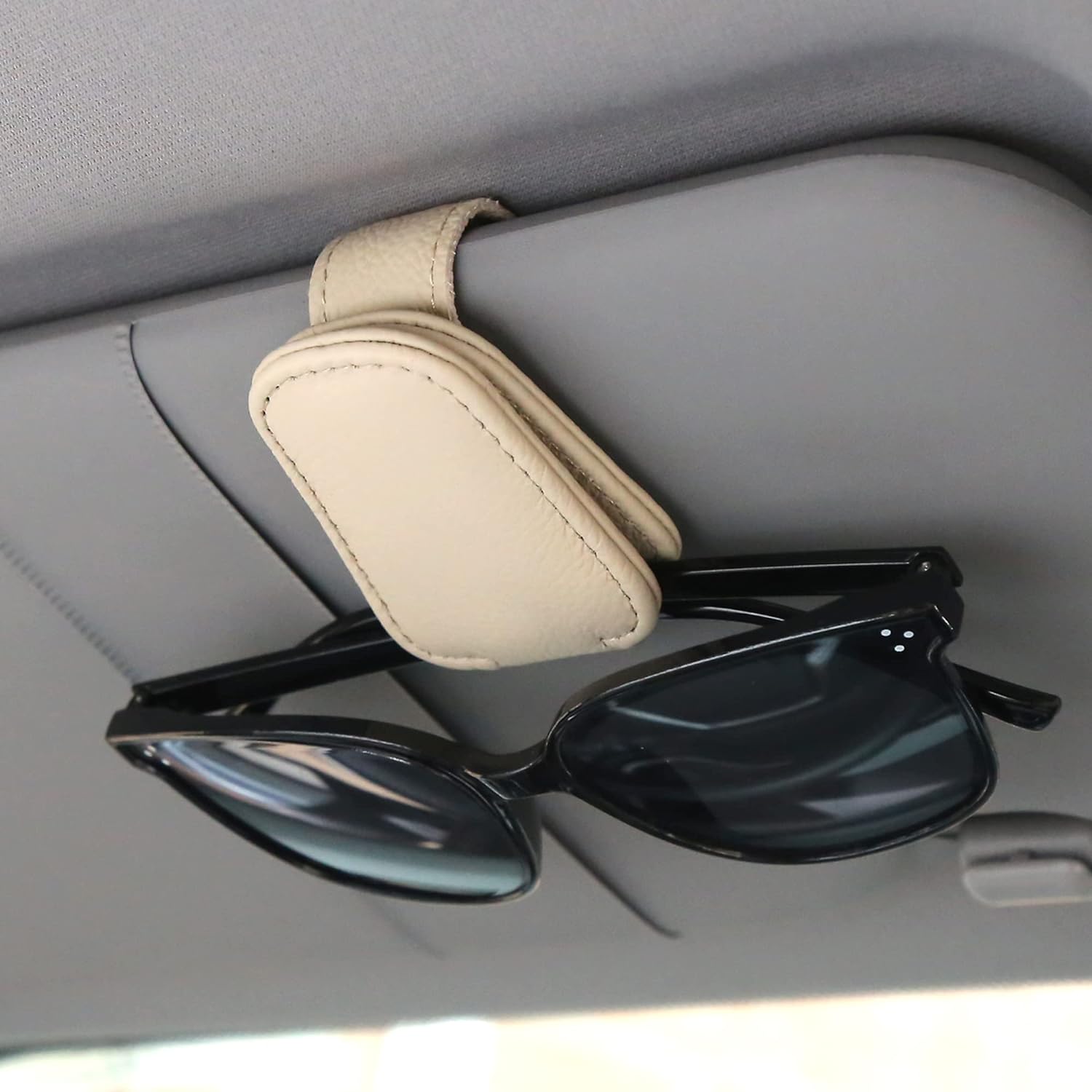 KIWEN Sunglasses Holders for Car Sun Visor, Magnetic Leather Glasses Eyeglass Hanger Clip for Car, Ticket Card Clip Eyeglasses Mount (Beige)