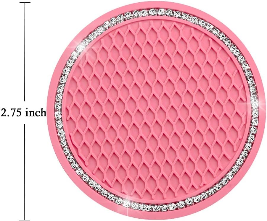 Bling Car Coasters Pink PVC Travel Auto Cup Holder Insert Coaster Anti Slip Crystal Vehicle Interior Accessories Cup Mats for Women and Girl (2.75" Diameter,Pack of 2) (Pink)