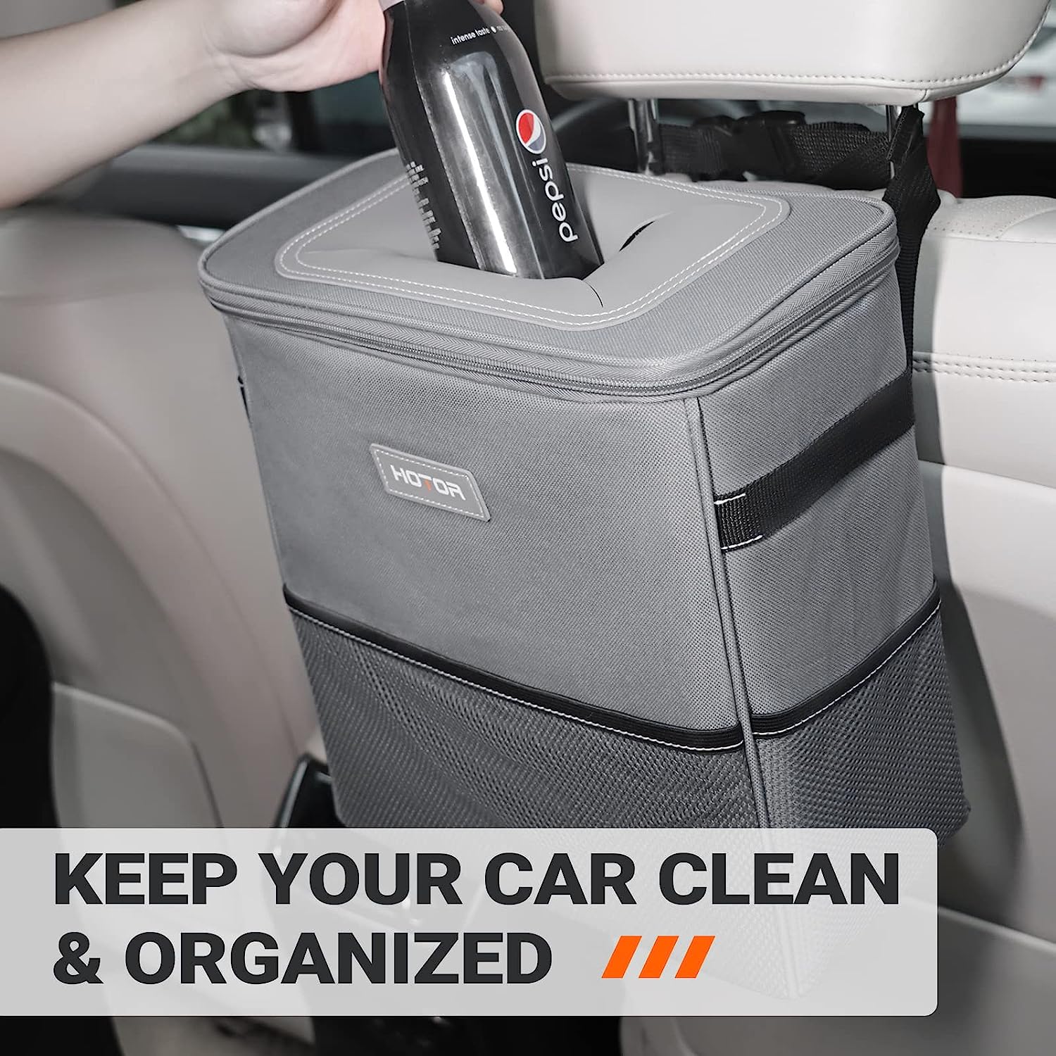 HOTOR Car Trash Can, 3-Gallon Ultra-Large Car Garbage Can, 100% Leakproof &amp; Waterproof Trash Can for Car, Multipurpose Car Trash Bin with Adjustable Straps, Magnetic Buckles, Mesh Pockets (Gray)