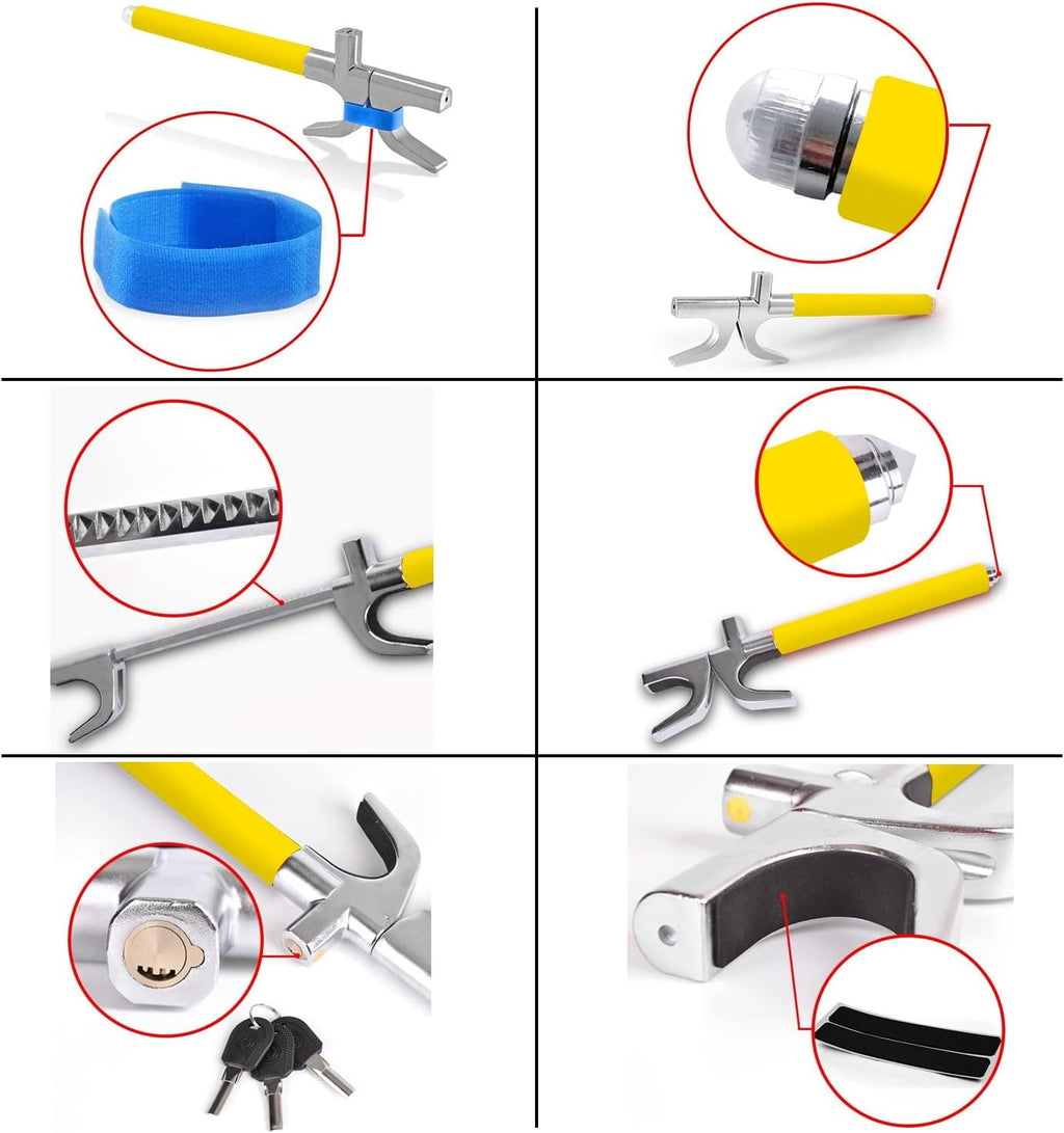 Tevlaphee Steering Wheel Lock Anti Theft Car Device Universal Car Theft Prevention Car Lock Adjustable Double Hook Emergency Hammer Window Breaker Self Defense Heavy Duty Secure (Yellow)