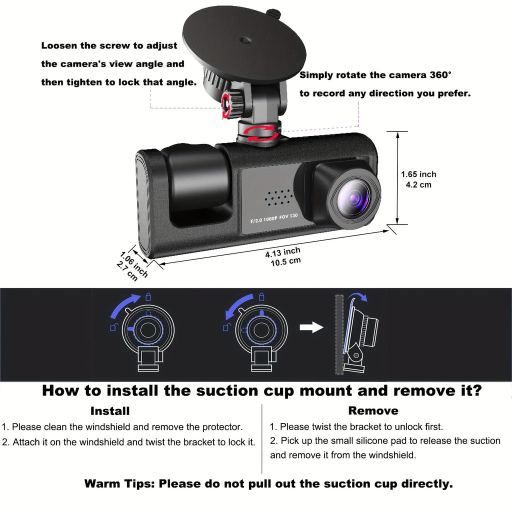 Camera FHD 1080P 3-Channel Dash Camera Front And Rear Inside Dash IR Night Vision Loop Recording G-Sensor Car DVR Camera With 2-Inch IPS Screen 3 Cameras