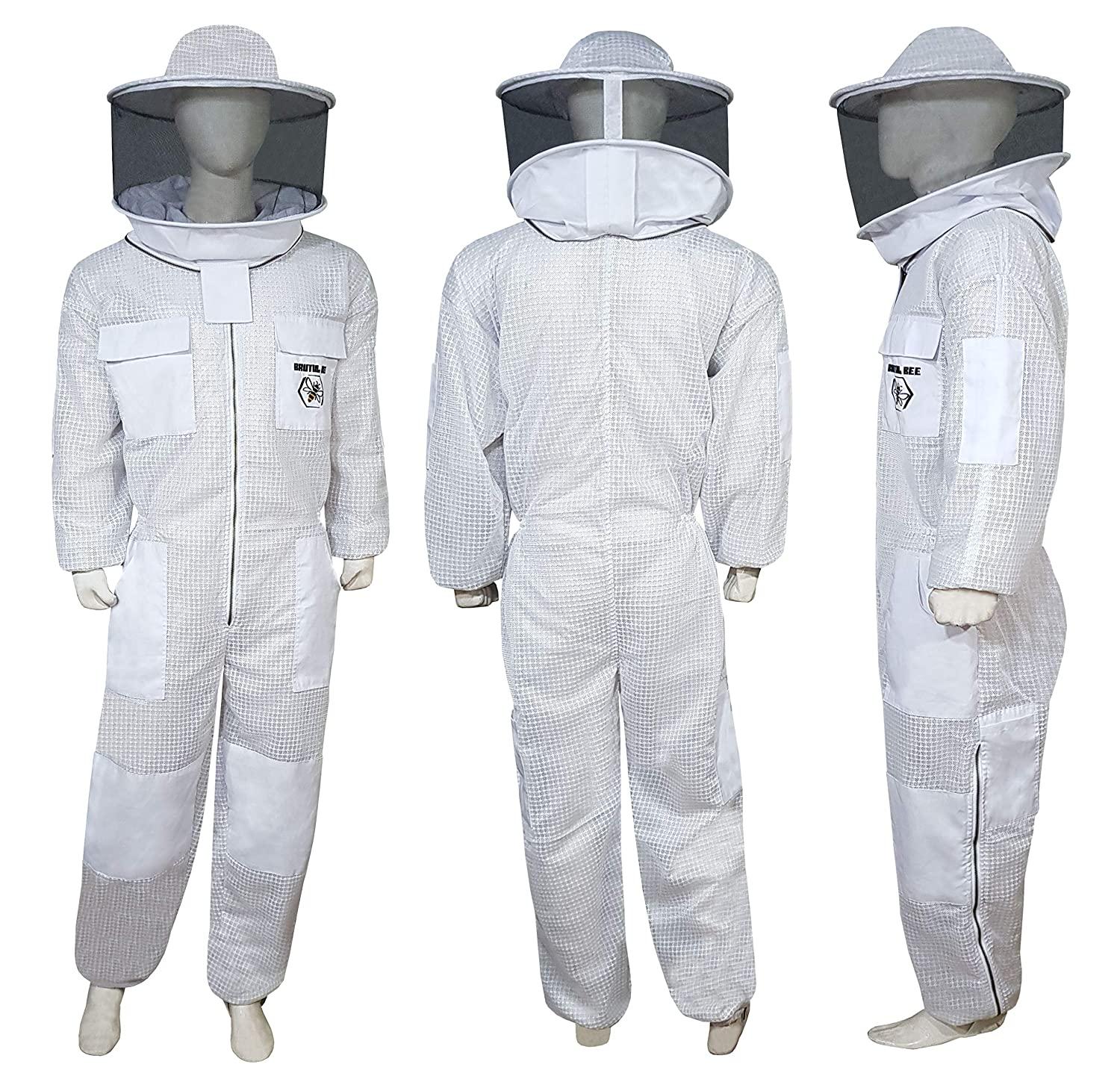 Brutul Bee 3 Layer Beekeeping Ultralight Ventilated Suit with Round Veil (White, 4XL)