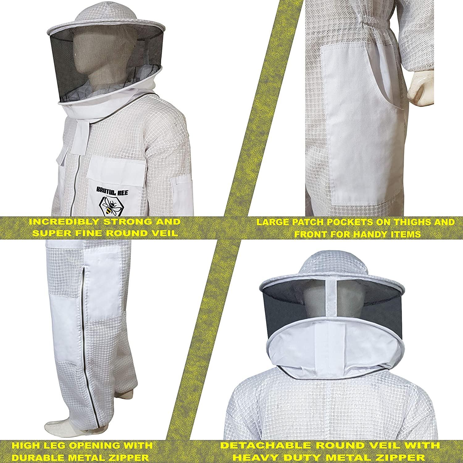 Brutul Bee 3 Layer Beekeeping Ultralight Ventilated Suit with Round Veil (White, 4XL)