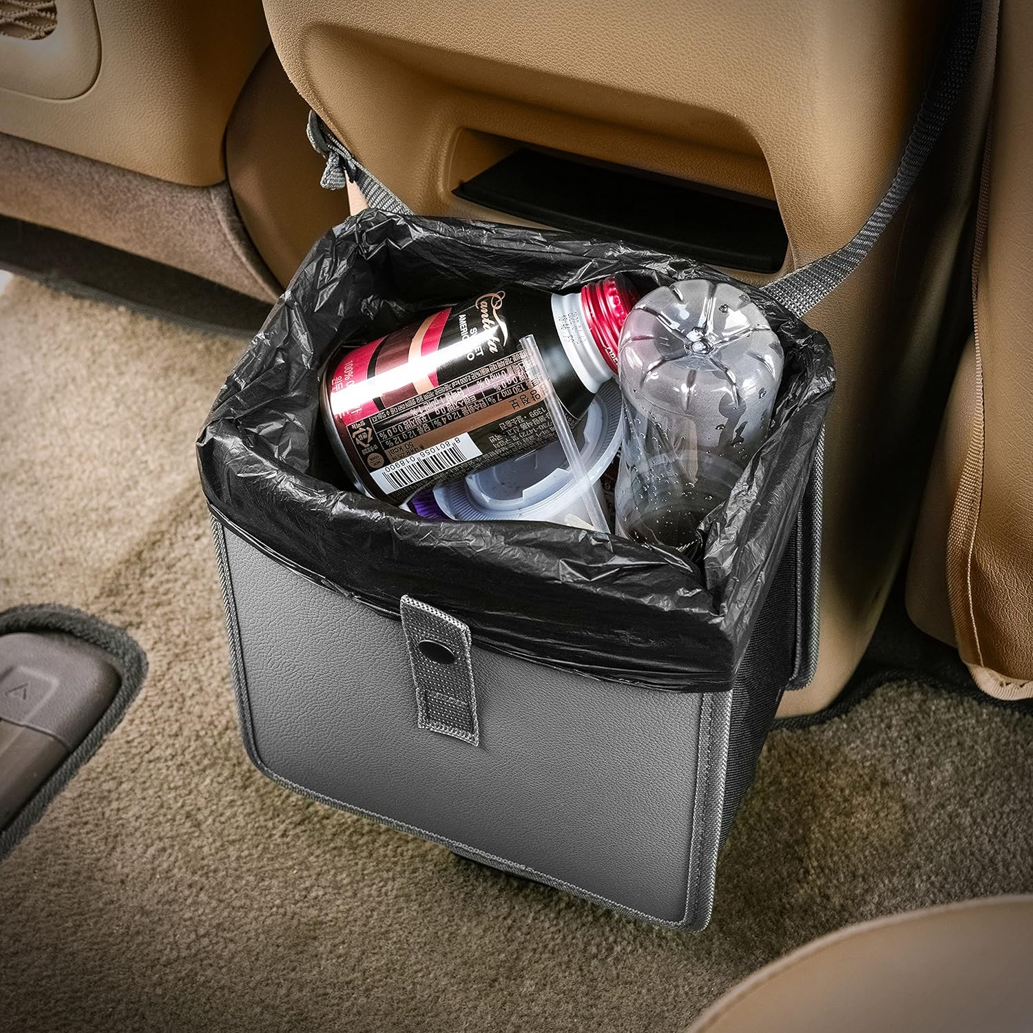 KMMOTORS Foldable hanging Car trash Can, Car Trash Bag, Car Trash bin, Vegan Leather and Oxford Clothes Car Organizer, cute car gadgets (Medium, Gray)
