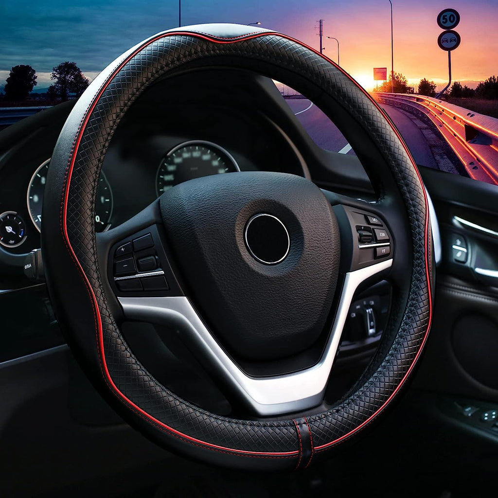 Valleycomfy Steering Wheel Covers Universal 15.75 inch - Genuine Leather, Breathable, Anti Slip &amp; Odor (Black with Red Lines, L(15" 1/2-16"))