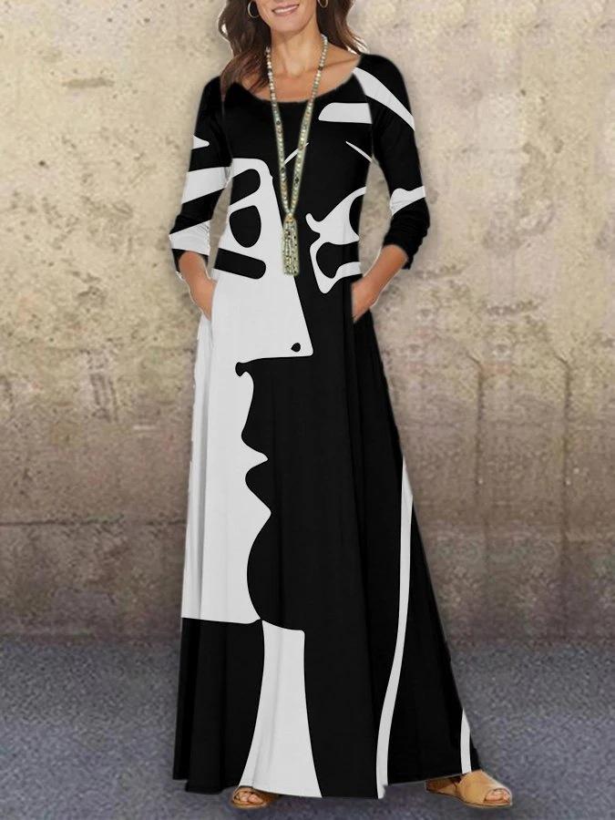 Retro Print Round Neck Long Sleeve Dress