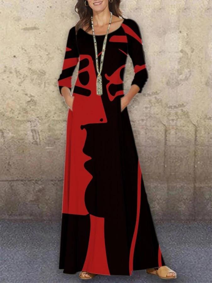 Retro Print Round Neck Long Sleeve Dress