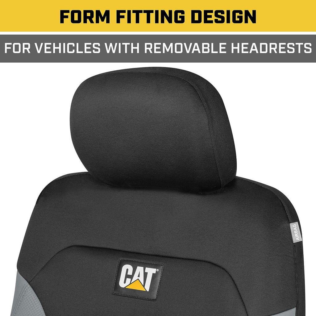 Caterpillar Flexfit Automotive Seat Covers for Cars Trucks and SUVs (Set of 2) – Black Seat Covers for Front Seats, Seat Protectors with Gray Honeycomb Trim, Auto Interior Covers