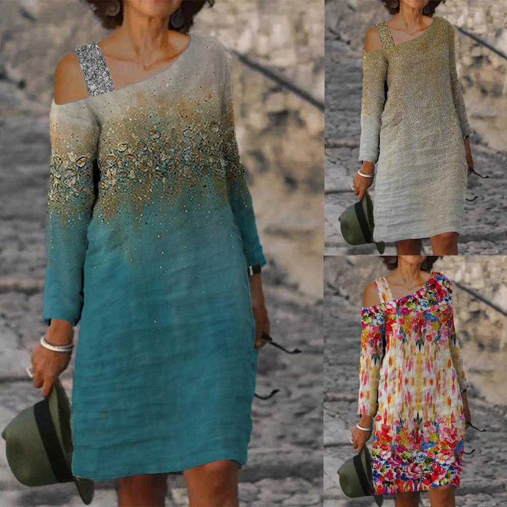 Art Print One Shoulder Long Sleeve Midi Dress