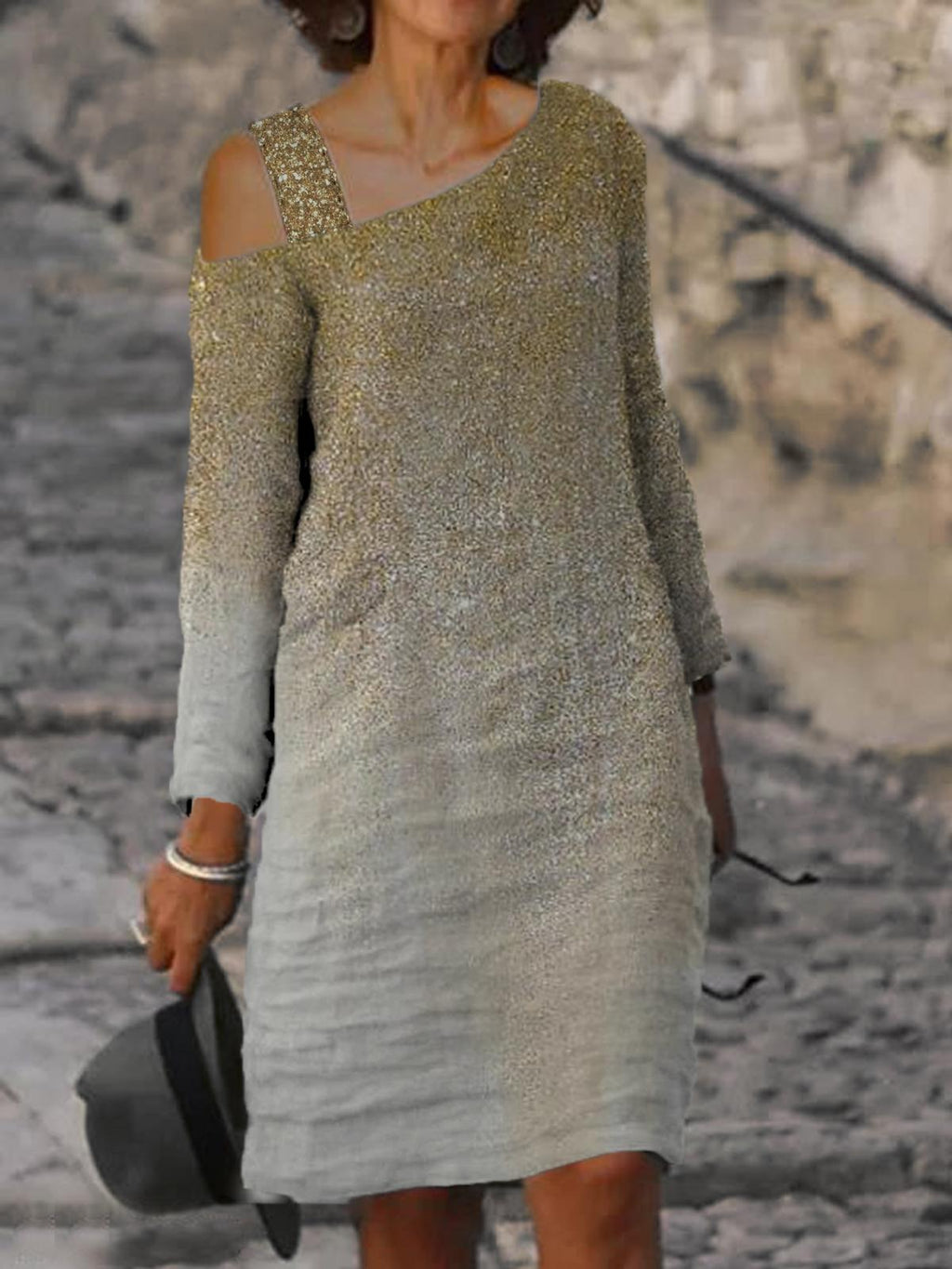Art Print One Shoulder Long Sleeve Midi Dress