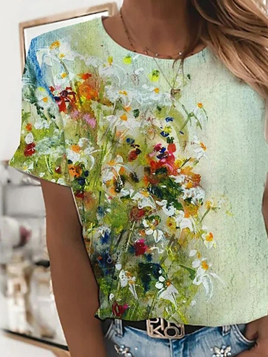 Casual Floral Print Round-neck T-shirt