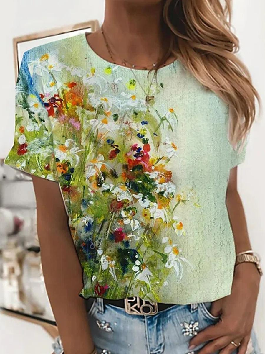 Casual Floral Print Round-neck T-shirt