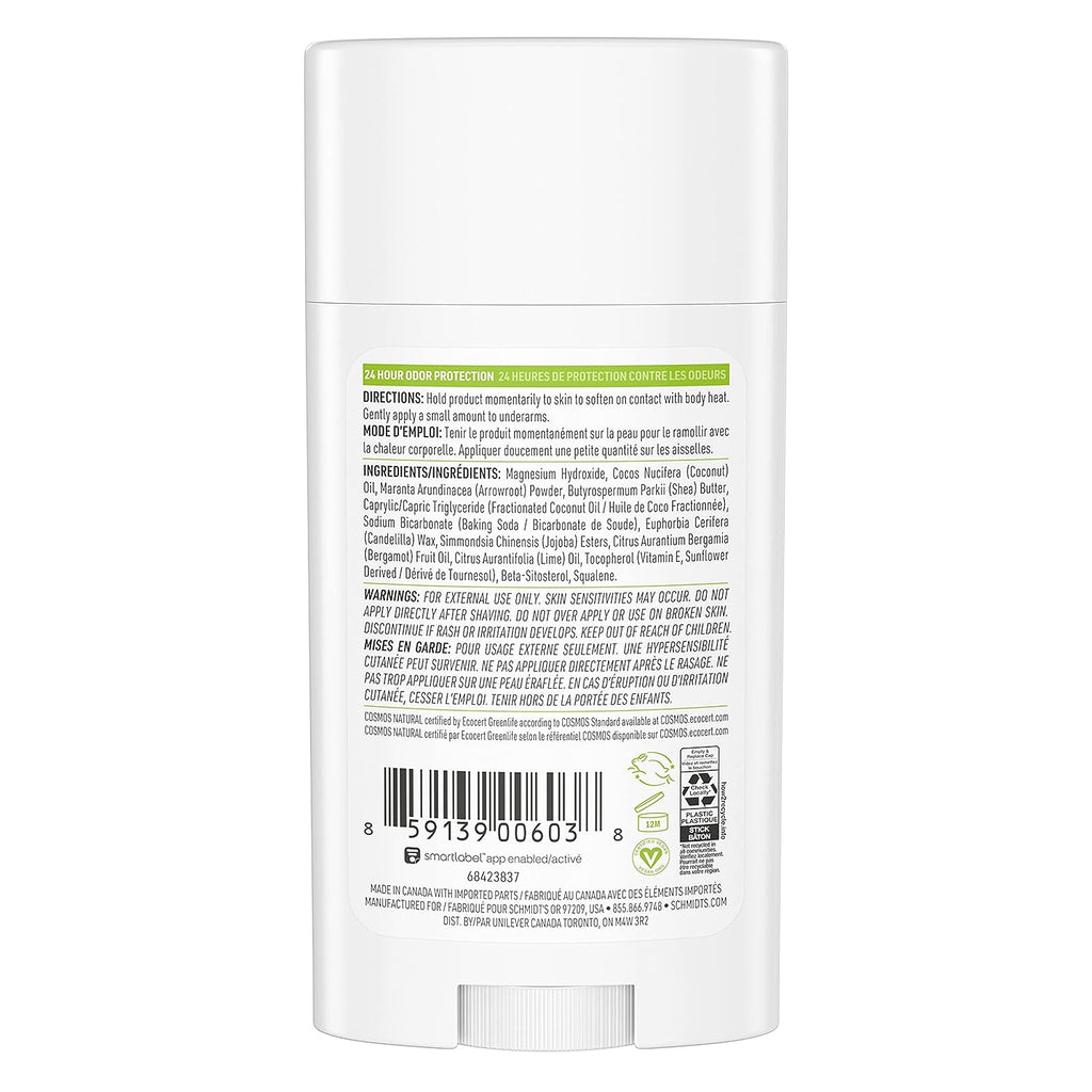 Schmidt's Aluminum Free Natural Deodorant For Women and Men, Bergamot &amp; Lime with 24 Hour Odor Protection, Certified Cruelty Free, Vegan Deodorant, 2.65oz 4-pk