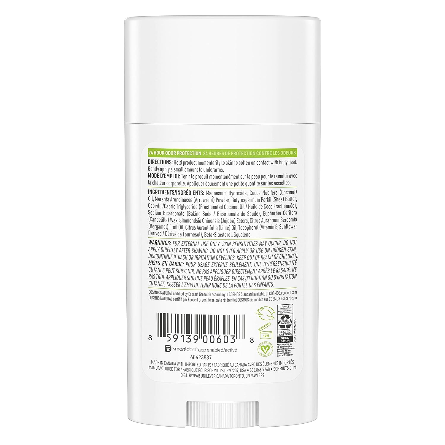 Schmidt's Aluminum Free Natural Deodorant For Women and Men, Bergamot &amp; Lime with 24 Hour Odor Protection, Certified Cruelty Free, Vegan Deodorant, 2.65oz 4-pk