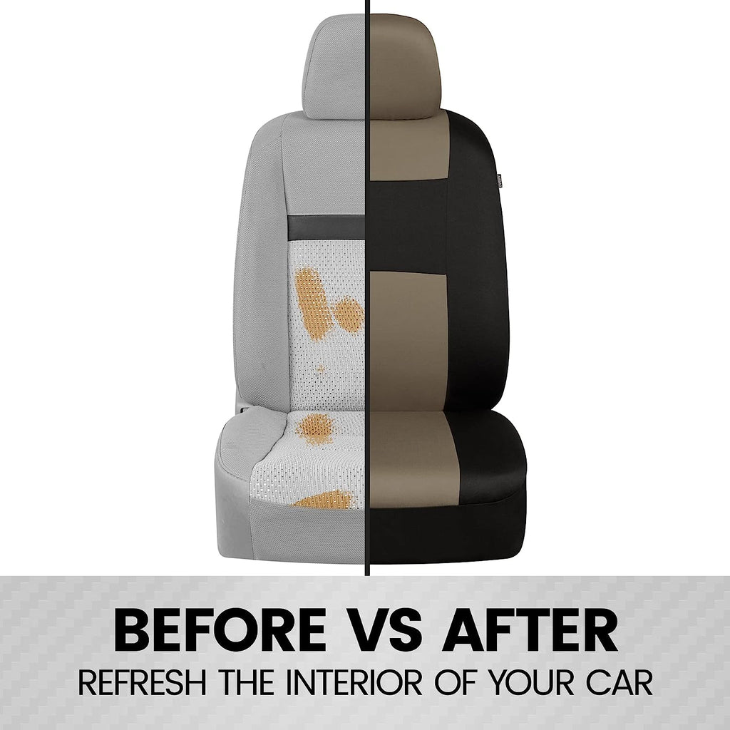BDK PolyPro Seat Covers Full Set in Beige on Black – Front and Rear Split Bench Seat Covers for Cars, Easy to Install , Car Accessories for Auto Trucks Van SUV