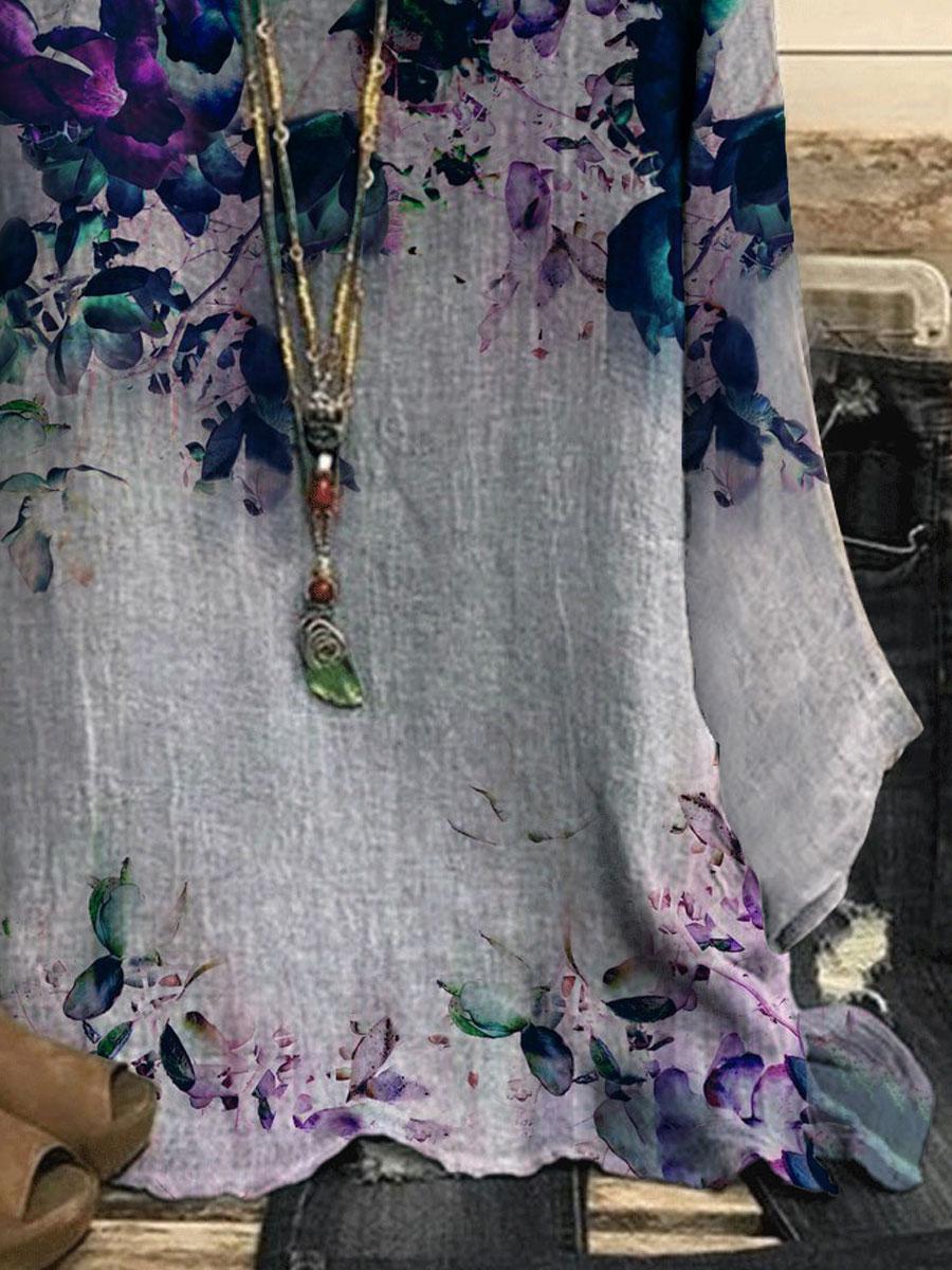 Round Neck Floral Print Casual Loose Long-sleeved Blouse