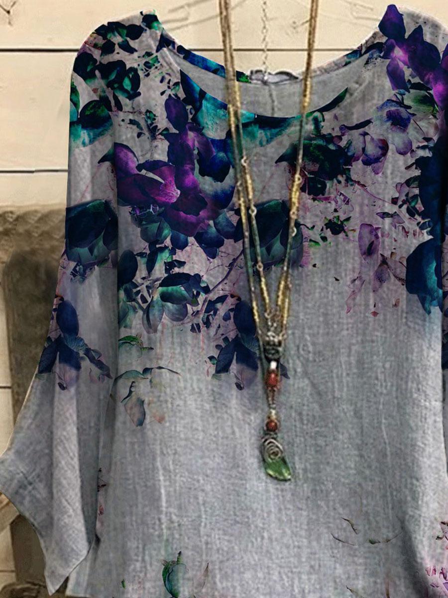 Round Neck Floral Print Casual Loose Long-sleeved Blouse