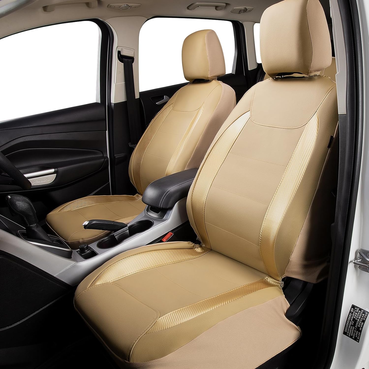 Flying Banner car seat Covers Protects Water Proof Faux Leather Carbon Fiber Front and Rear Bench (Gold Beige, Full Set)