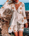 bohemian 3/4 sleeves deep v neck tassel holiday dresses