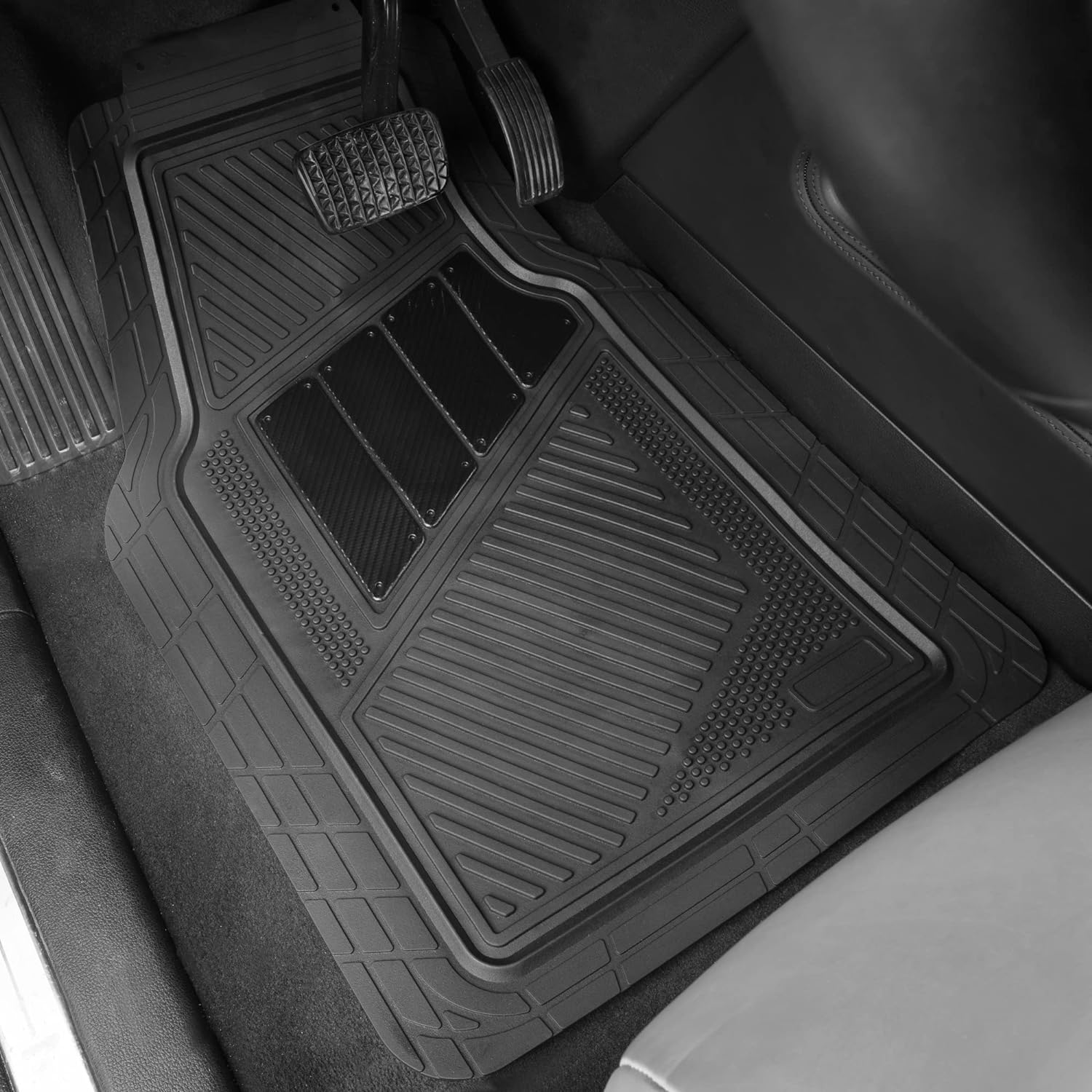 CAR PASS Heavy Duty Rubber Floor Mats 4-Piece Car Mat Set - Universal Waterproof Carbon Fiber Floor Mats for Car SUV Truck, Durable All-Weather Mats(Black)