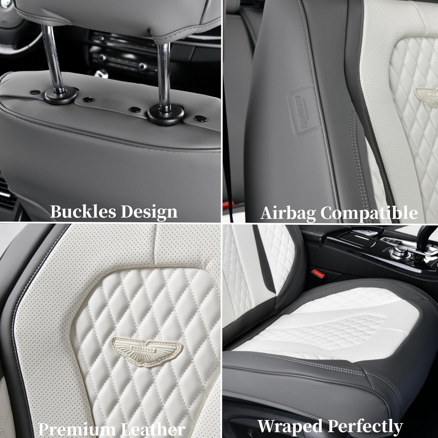 Coverado Leather Seat Covers Full Set, 5 Seats Universal Seat Covers for Cars, Waterproof Luxury Leatherette Seat Cushions, Front and Rear Seat Protectors, Seat Covers Fit for Most Vehicles Gray/White