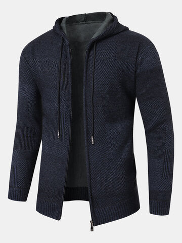 mens knitted zip front casual drawstring hooded cardigans with pocket