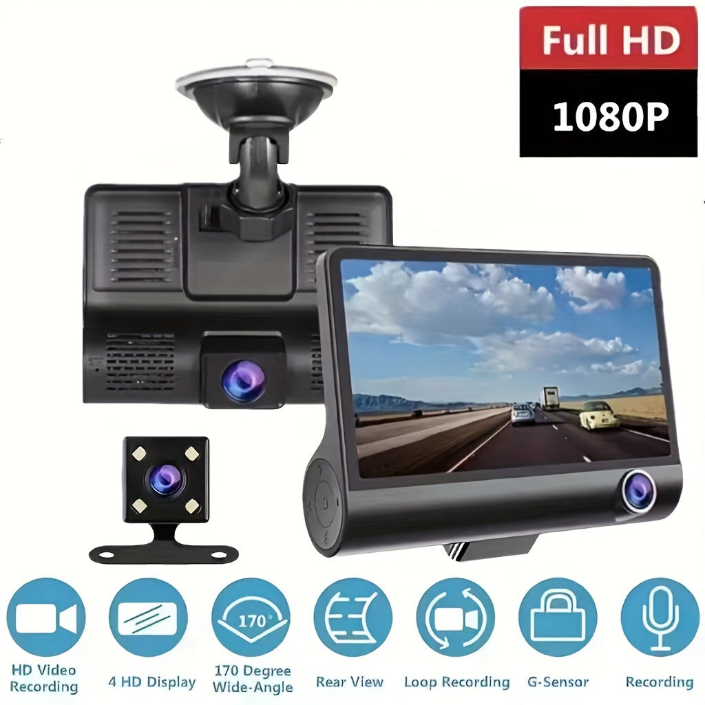 3 Lens Dash Camera, 4'' Touch IPS Screen Car Video Recorder, 1080P +720P+720P