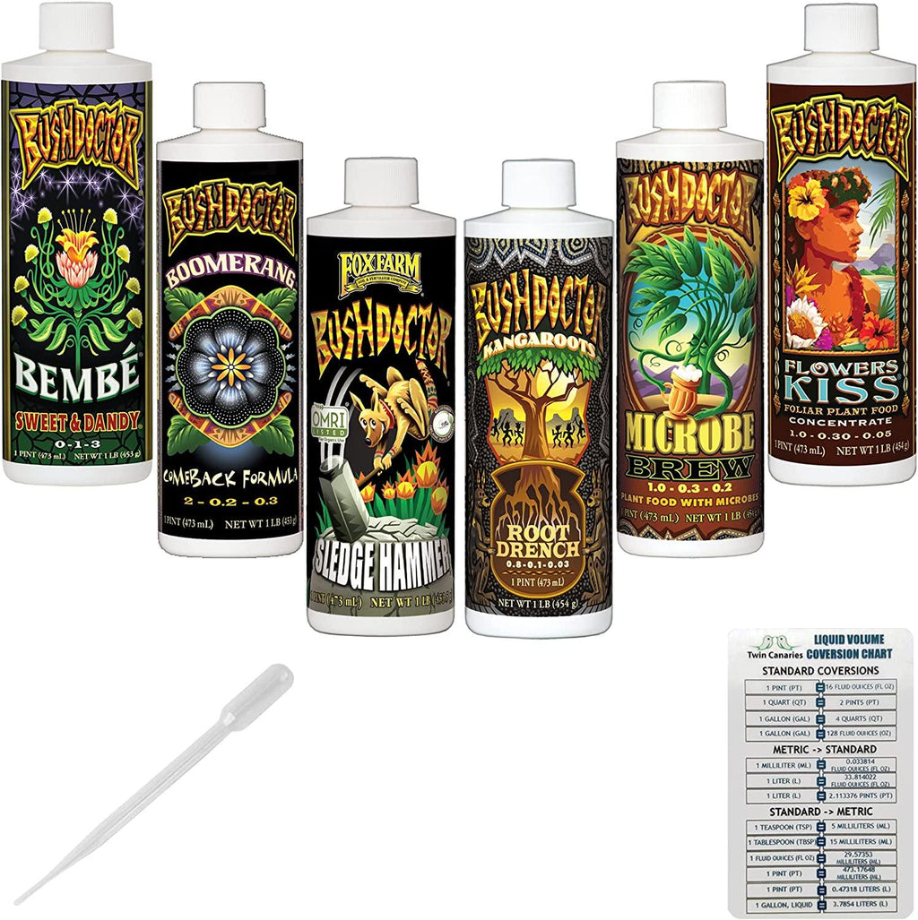 FoxFarm BushDoctor Liquid Nutrient Formula: Kangaroots, Microbe Brew, Sledgehammer, Flowers Kiss, Bembe, Boomerang (Pack of 6-16 oz Bottles) 1 Pint Each + Twin Canaries Chart & Pipette