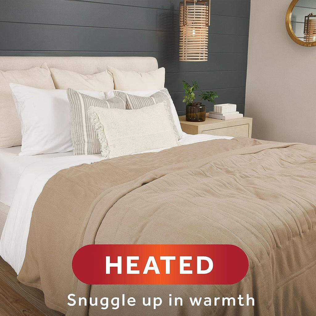 Sunbeam Royal Ultra Fleece Heated Electric Blanket King Size, 90" x 100", 12 Heat Settings, 12-Hour Selectable Auto Shut-Off, Fast Heating, Machine Washable, Warm and Cozy, Mushroom
