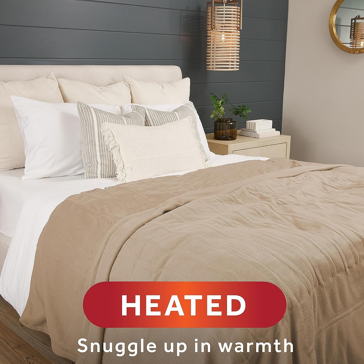 Sunbeam Royal Ultra Fleece Heated Electric Blanket King Size, 90" x 100", 12 Heat Settings, 12-Hour Selectable Auto Shut-Off, Fast Heating, Machine Washable, Warm and Cozy, Mushroom