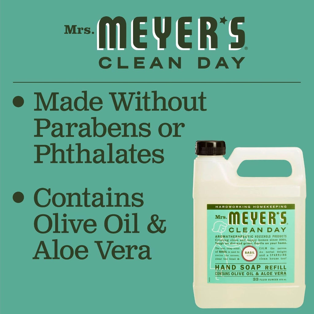 Mrs. Meyer's Hand Soap Refill, Made with Essential Oils, Biodegradable Formula, Basil, 33 fl. oz