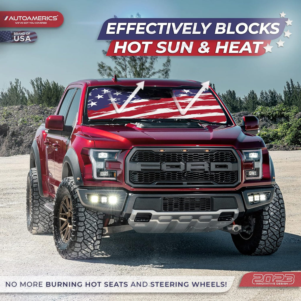 Autoamerics 1-Piece Windshield Sun Shade USA Art Flag - 2 American  - Foldable Car Front Window Sunshade for Most Sedans SUV Truck - Blocks Max UV Rays and Keeps Your Vehicle Cool - X-Large