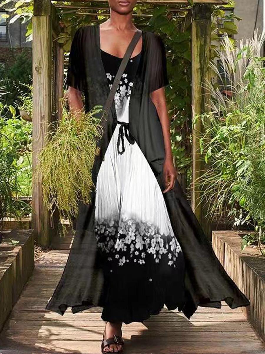 Casual Loose Floral Print Suit Short Sleeve Maxi Dress