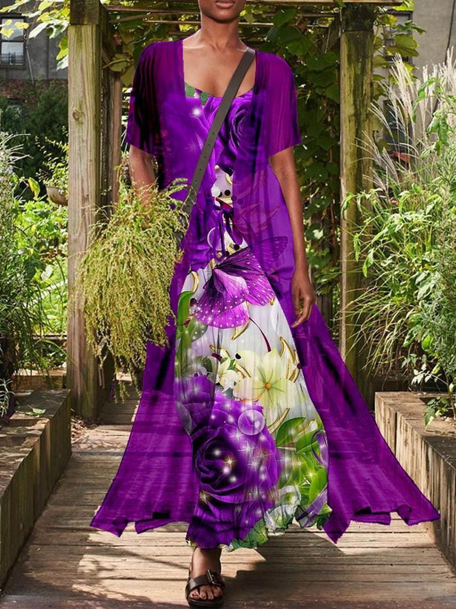 Casual Loose Floral Print Suit Short Sleeve Maxi Dress