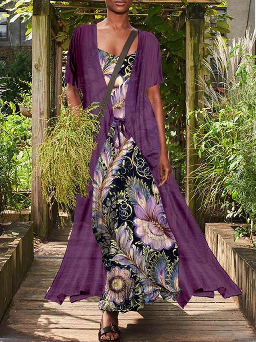 Casual Loose Floral Print Suit Short Sleeve Maxi Dress