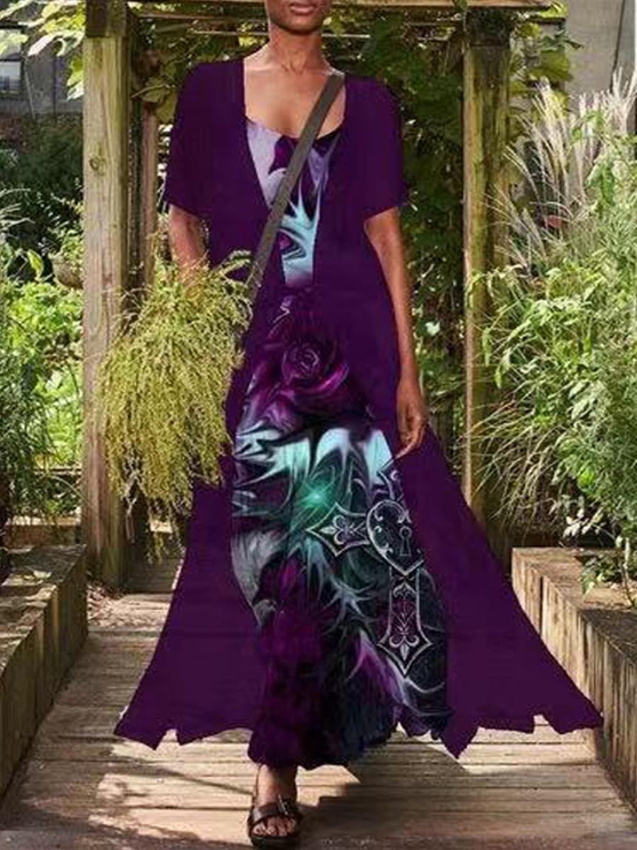 Casual Loose Floral Print Suit Short Sleeve Maxi Dress
