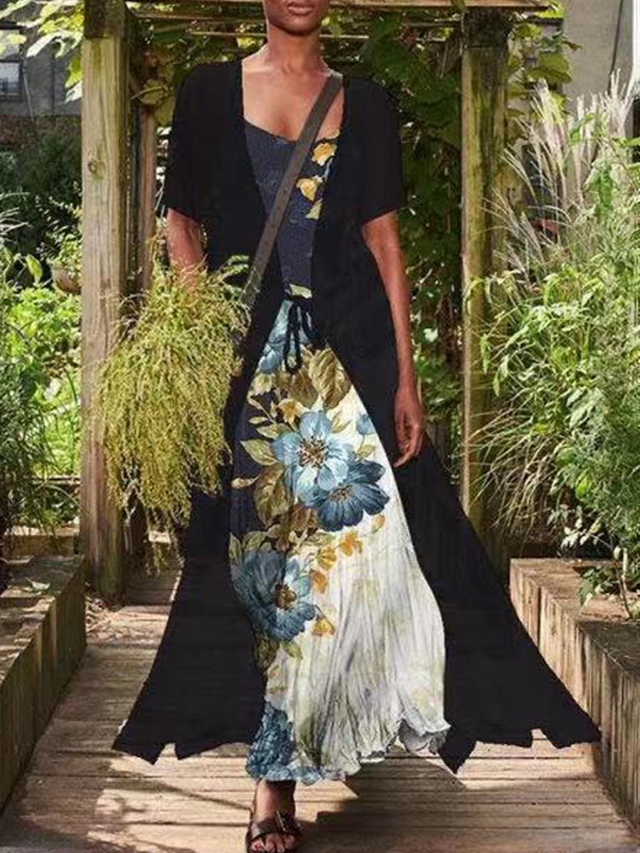 Casual Loose Floral Print Suit Short Sleeve Maxi Dress