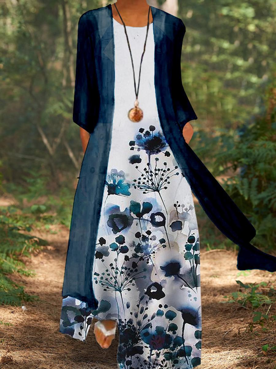 Casual Loose Floral Print Suit Short Sleeve Maxi Dress