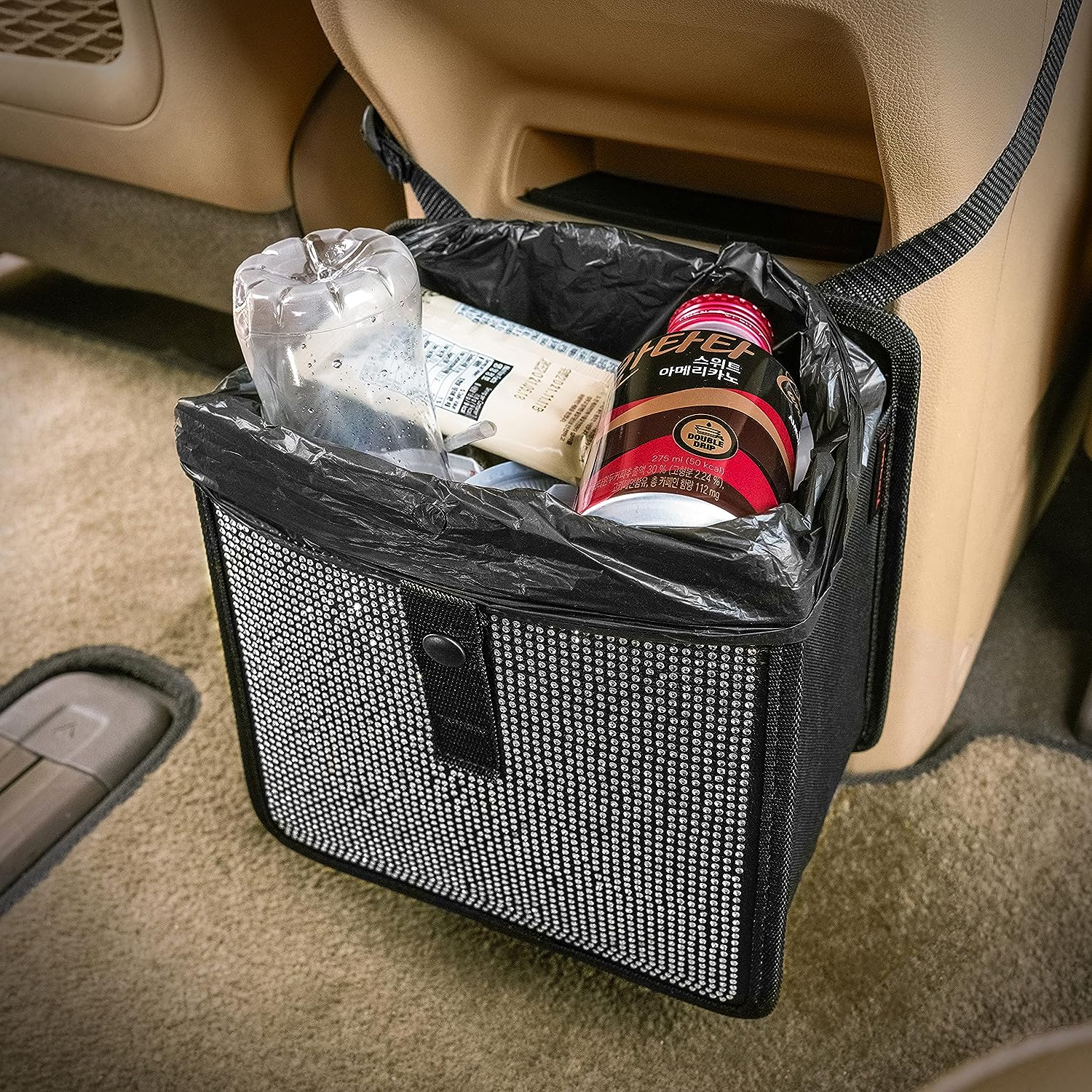 KMMOTORS Foldable Hanging Car Trash Can/Bag/bin, Vegan Leather and Oxford Clothes Car Organizer, Cute car Gadgets (Medium, Diamond)