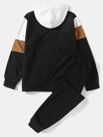 mens color block stitching hoodie casual two pieces outfits with sweatpants