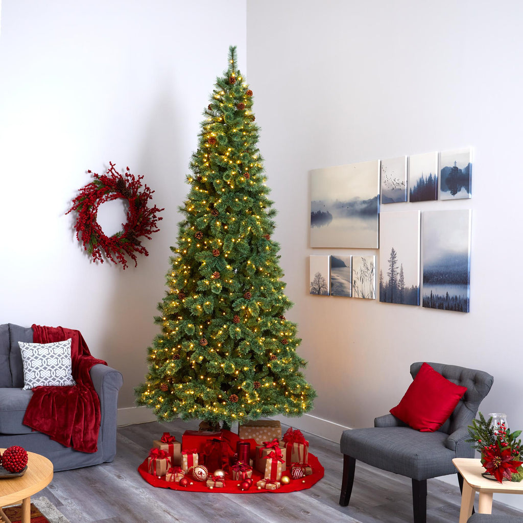 Nearly Natural 10' Green Pine Artificial Christmas Tree Prelit 850 Clear LED Lights