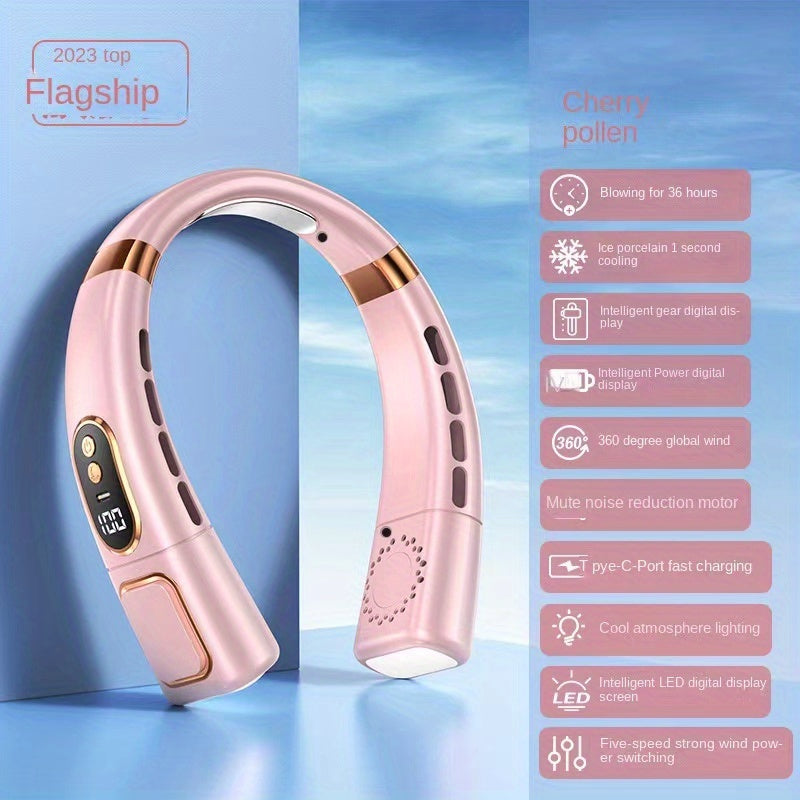 Portable Hanging Neck Fan USB Handheld Silent Small Electric Fan Multi-functional Leafless Mini With Lighting LED Digital Display