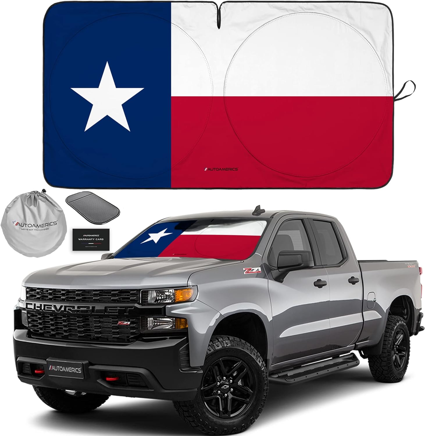 Autoamerics 1-Piece Windshield Sun Shade American Texas Flag USA Patriotic  - Foldable Car Front Window Sunshade for Sedans SUV Truck - Blocks Max UV Rays and Keeps Your Vehicle Cool - Large