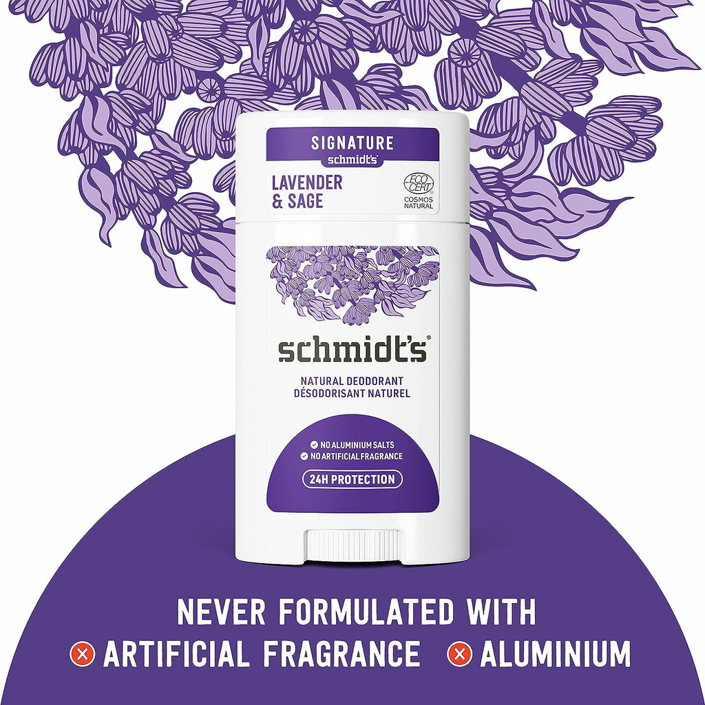 Schmidt's Aluminum Free Natural Deodorant for Women and Men, Lavender and Sage with 24 Hour Odor Protection, Vegan, Cruelty Free, 2.65 Oz, Pack of 2